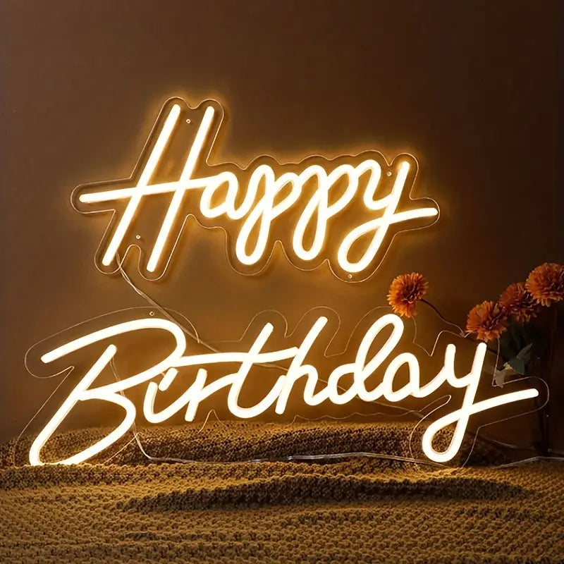 Happy Birthday Sign Neon White - Hire