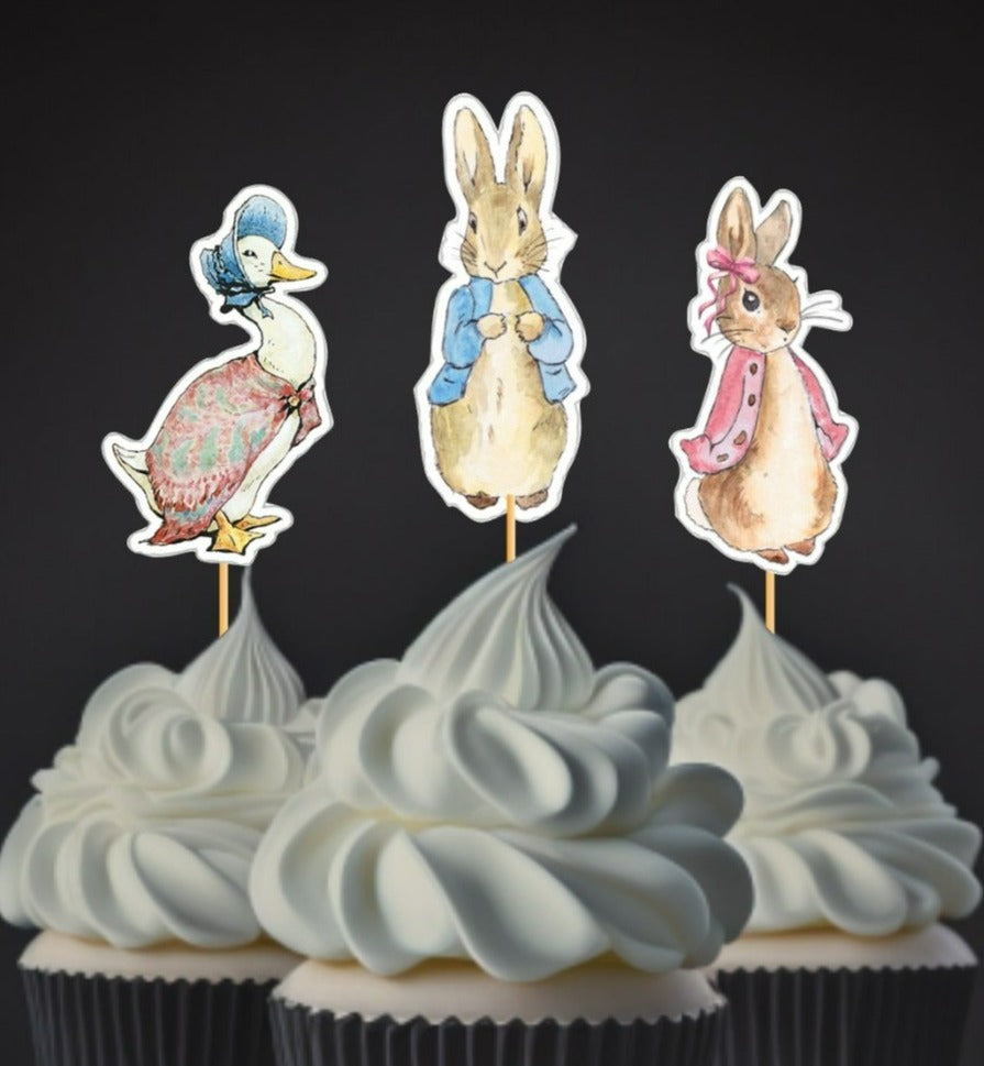 Rabbit cupcake toppers for kids/adult birthday parties/school bake sale. Set of 12