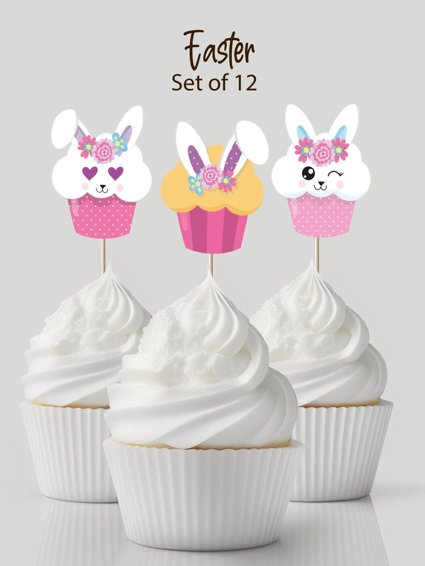 Cute easter bunny cupcake toppers easter decorations and decor for kids/adult birthday parties/school bake sale. Set of 12