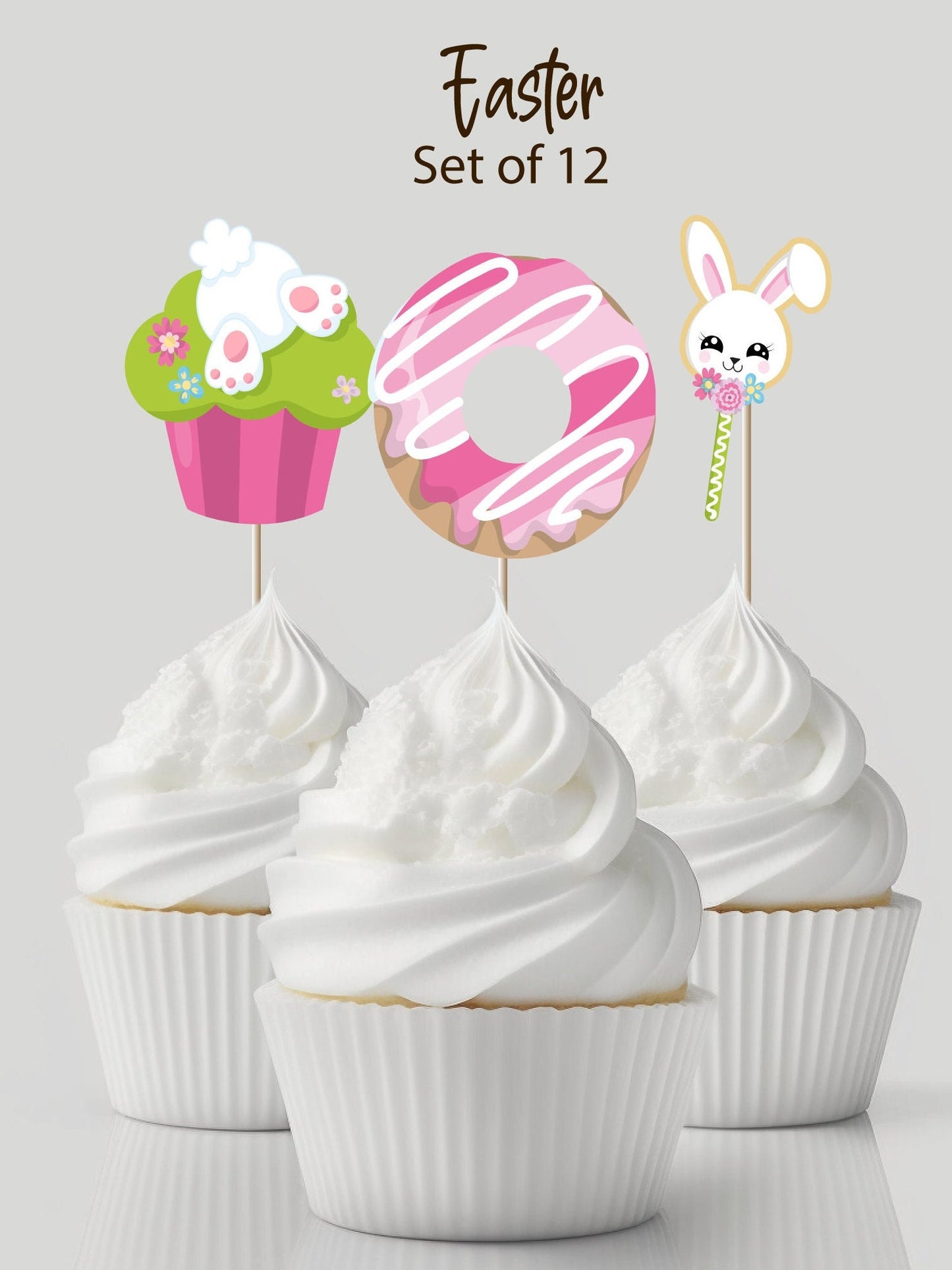 Cute easter bunny cupcake toppers easter decorations and decor for kids/adult birthday parties/school bake sale. Set of 12