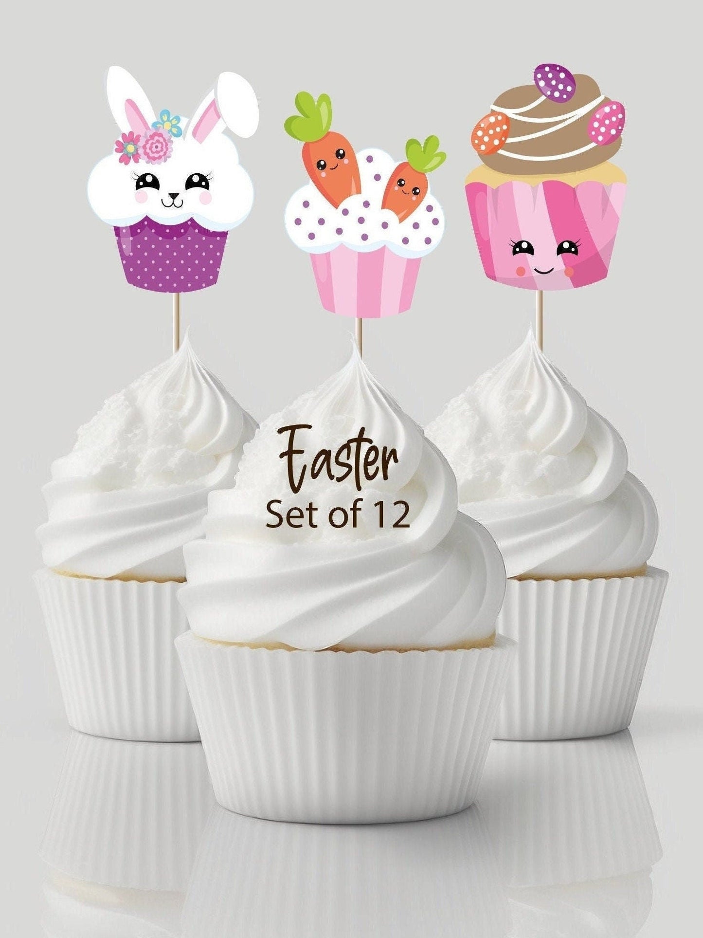 Cute easter bunny cupcake toppers easter decorations and decor for kids/adult birthday parties/school bake sale. Set of 12